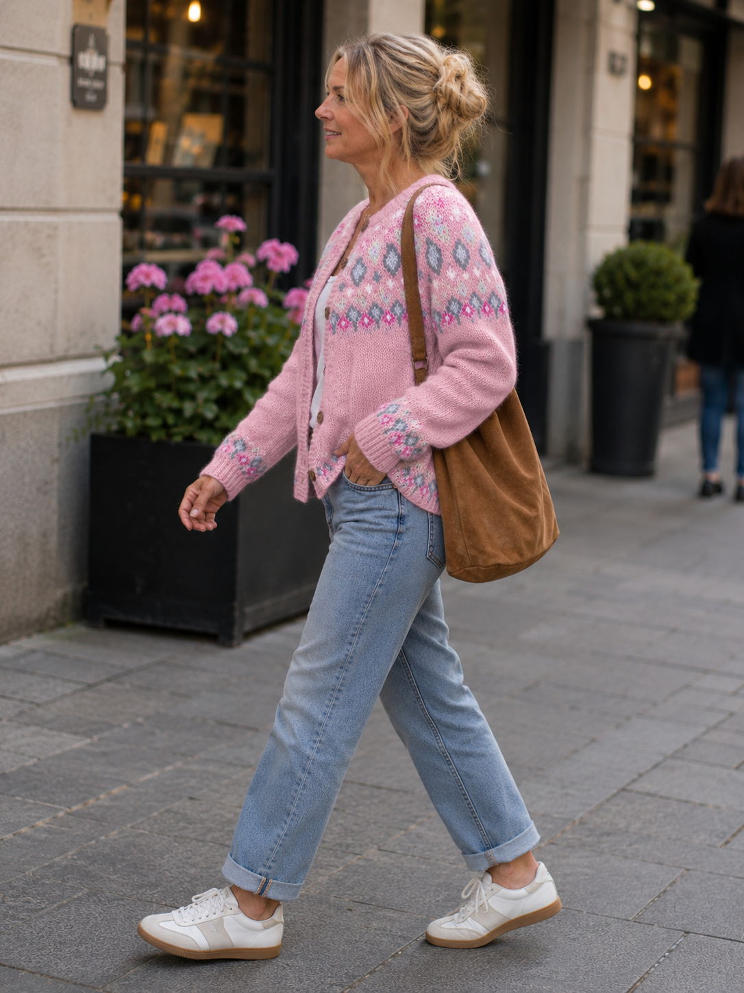 Patterned Knit Cardigan with Button Front for Women