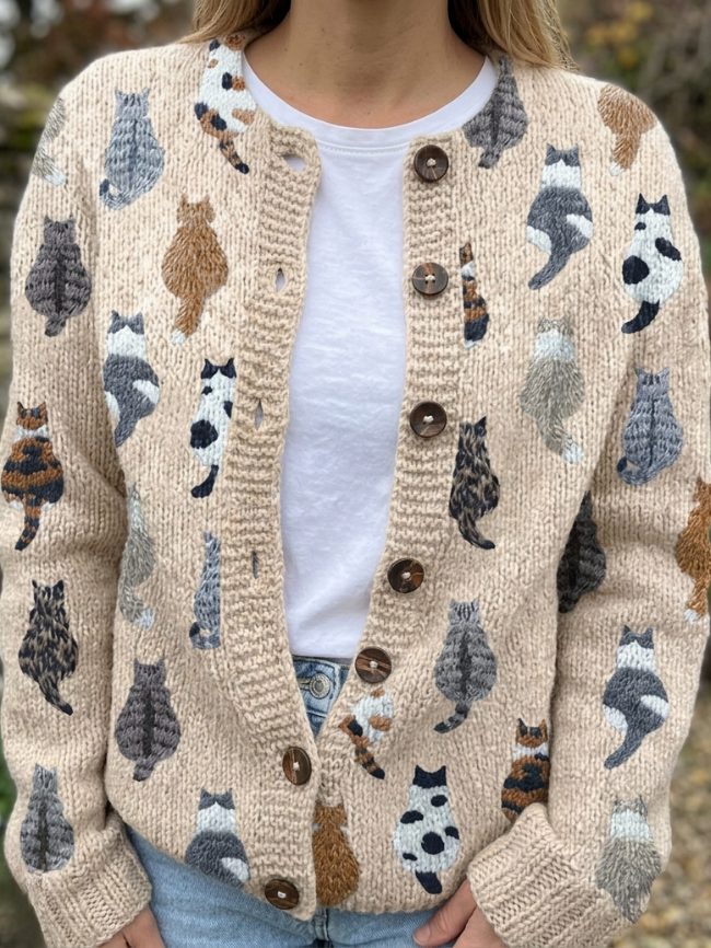 Patterned Knit Cardigan with Cat Motif for Women
