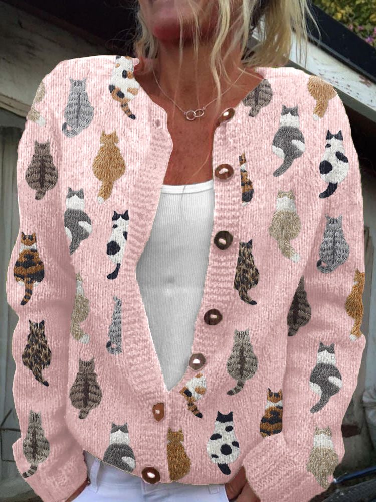 Patterned Knit Cardigan with Cat Motif for Women - Pink