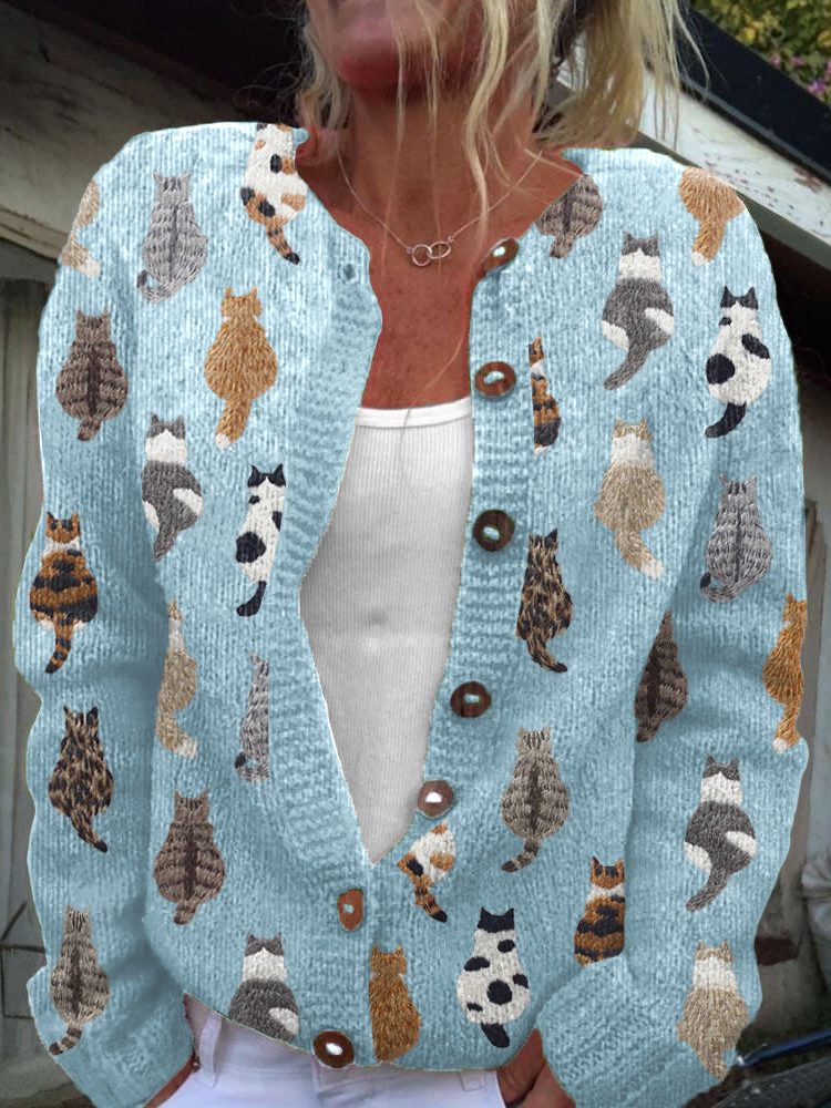 Patterned Knit Cardigan with Cat Motif for Women - Blue