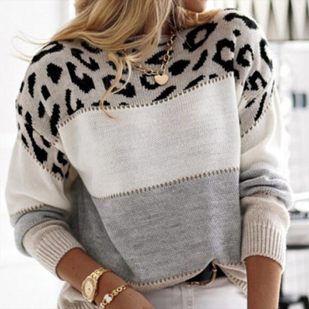 Patterned Knit Sweater with Leopard Print for Women
