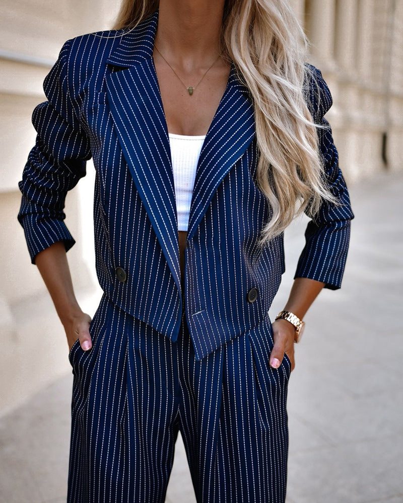 Pinstripe Cropped Blazer Set with Wide Leg Trousers for Women - Blue