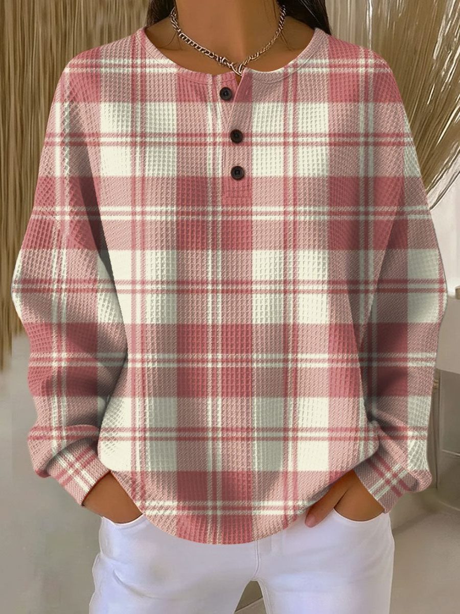 Plaid Ribbed Knit Long Sleeve Sweater for Women - Multicolour