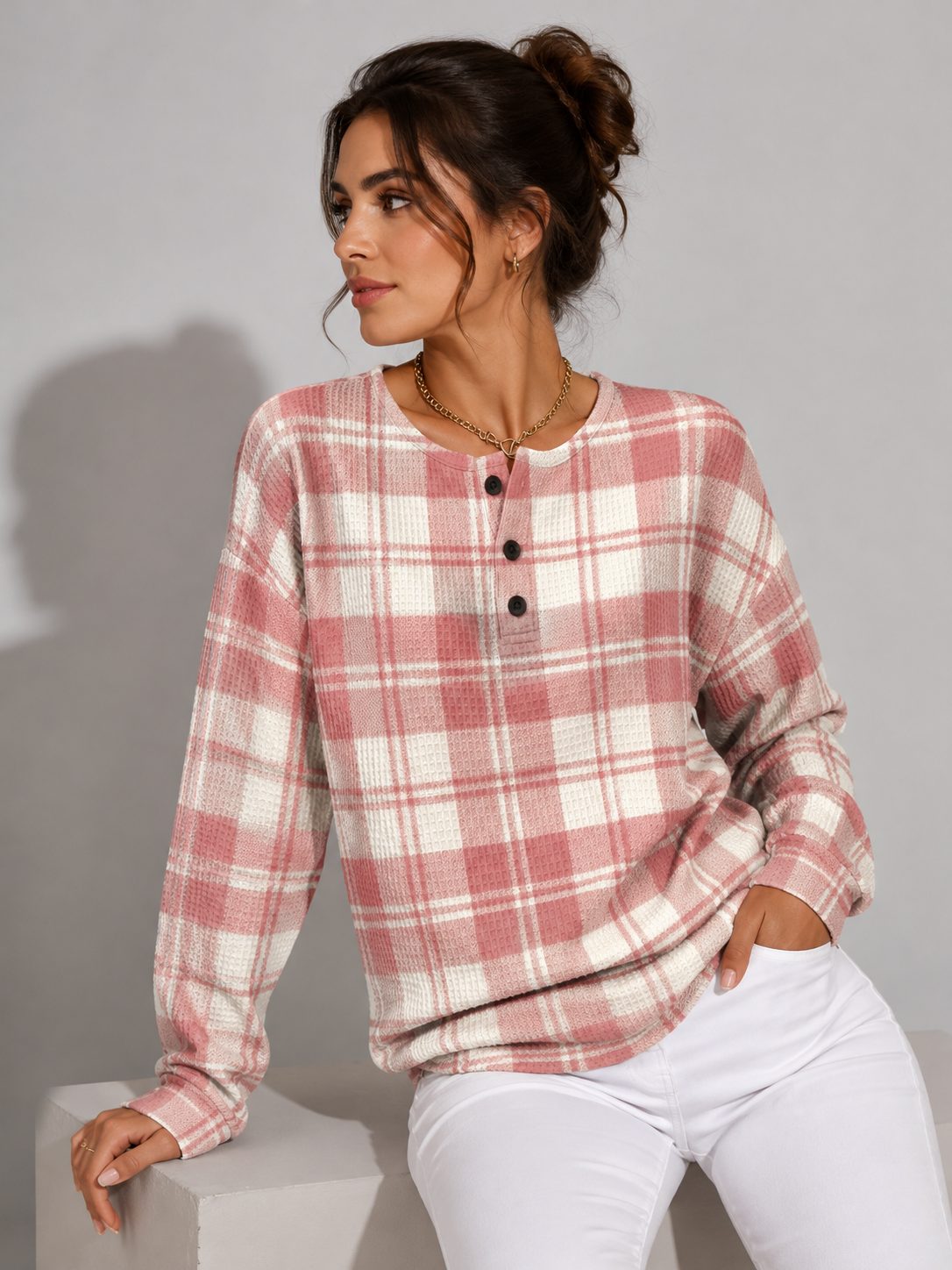 Plaid Ribbed Knit Long Sleeve Sweater for Women