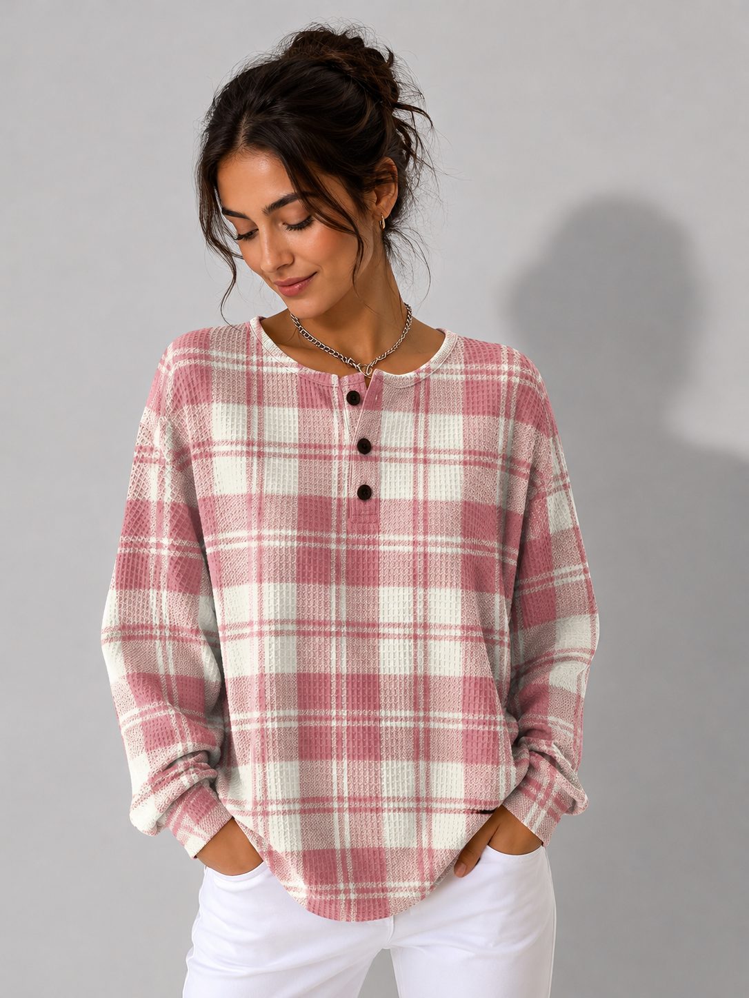Plaid Ribbed Knit Long Sleeve Sweater for Women - View 2