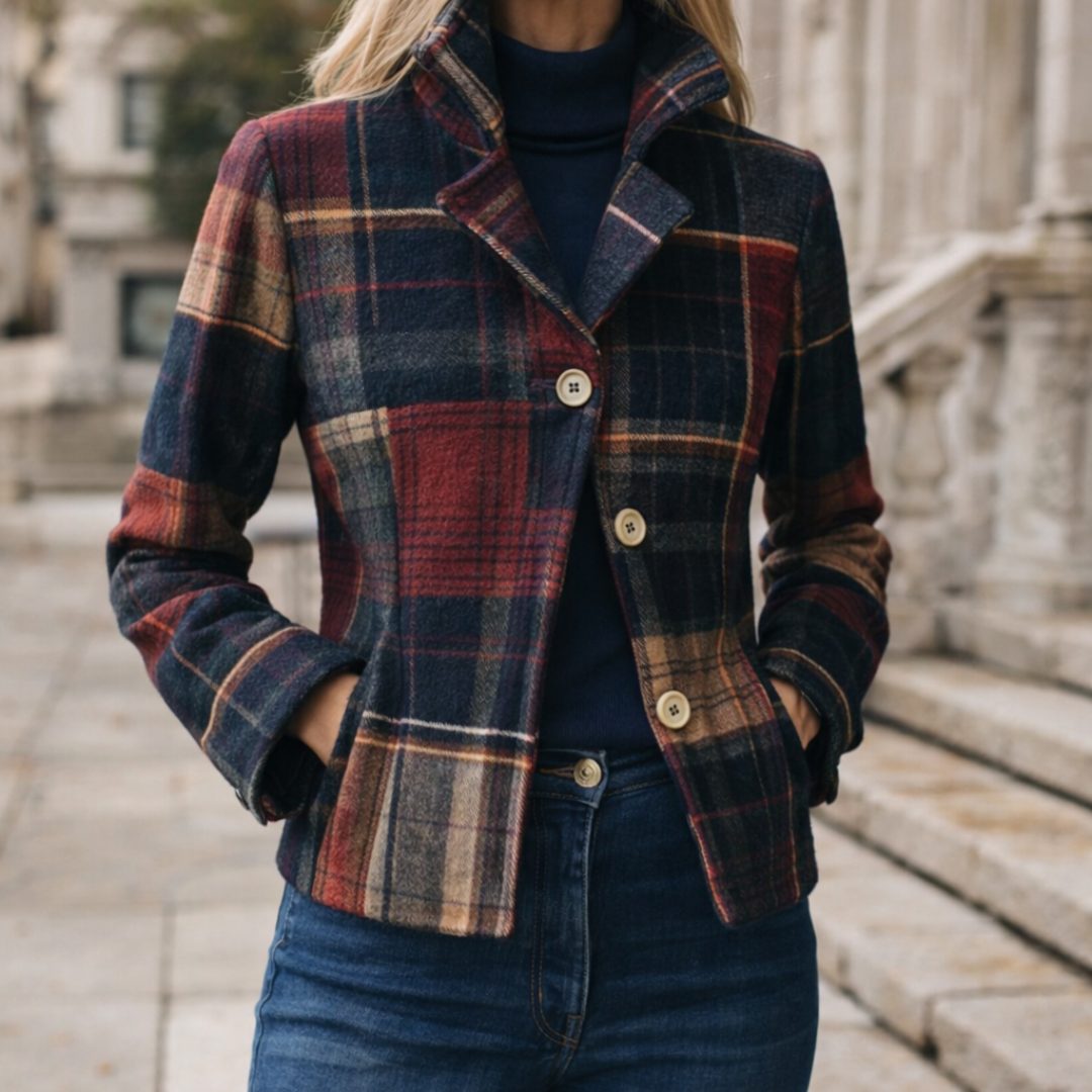 Plaid Wool Blazer Jacket with Lapel Collar for Women