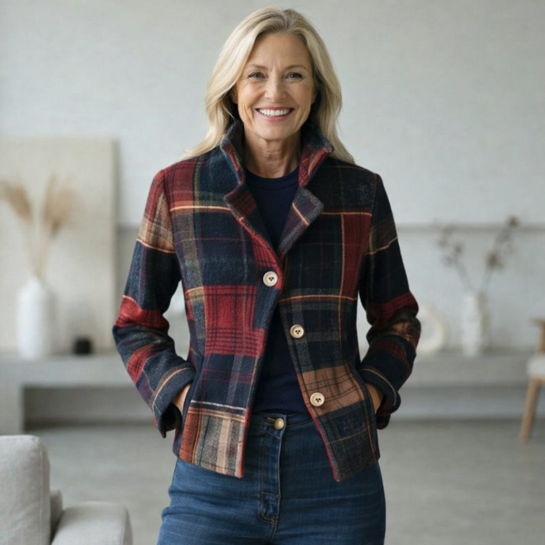 Plaid Wool Blazer Jacket with Lapel Collar for Women - View 2