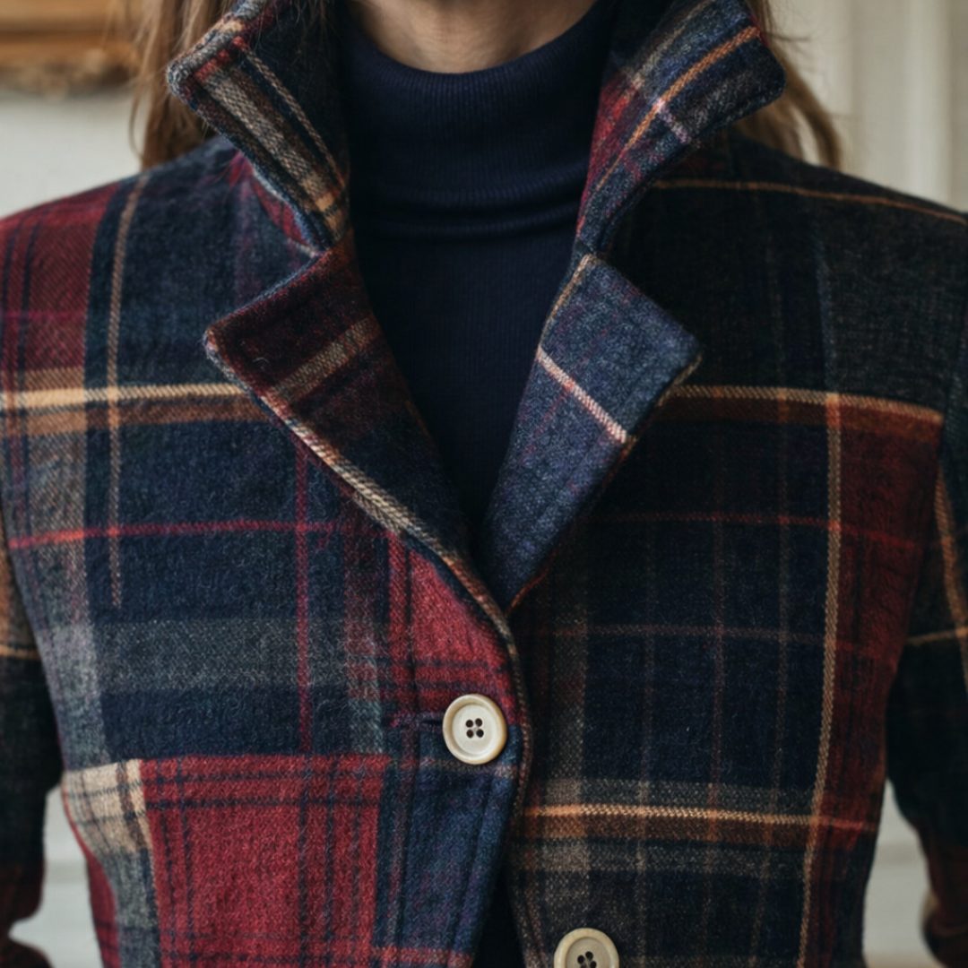 Plaid Wool Blazer Jacket with Lapel Collar for Women - View 4