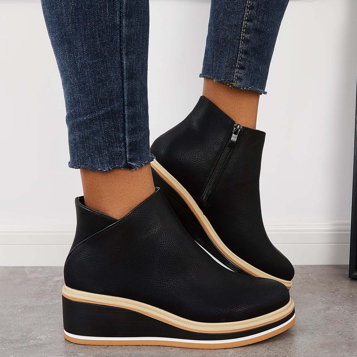 Platform Ankle Boots with Side Zip for Women - Black