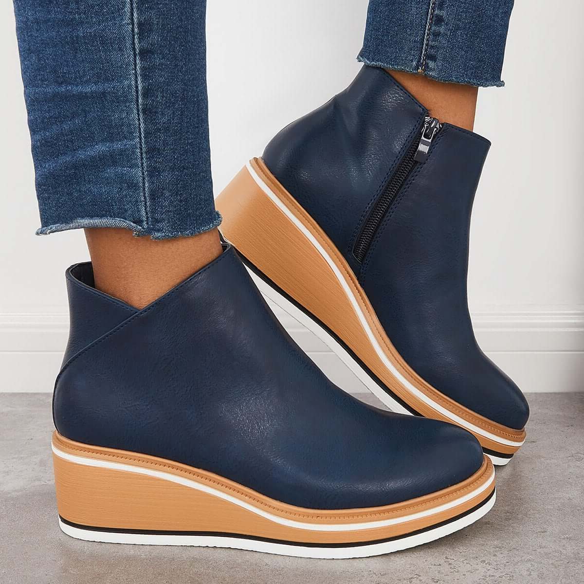 Platform Ankle Boots with Side Zip for Women - Blue