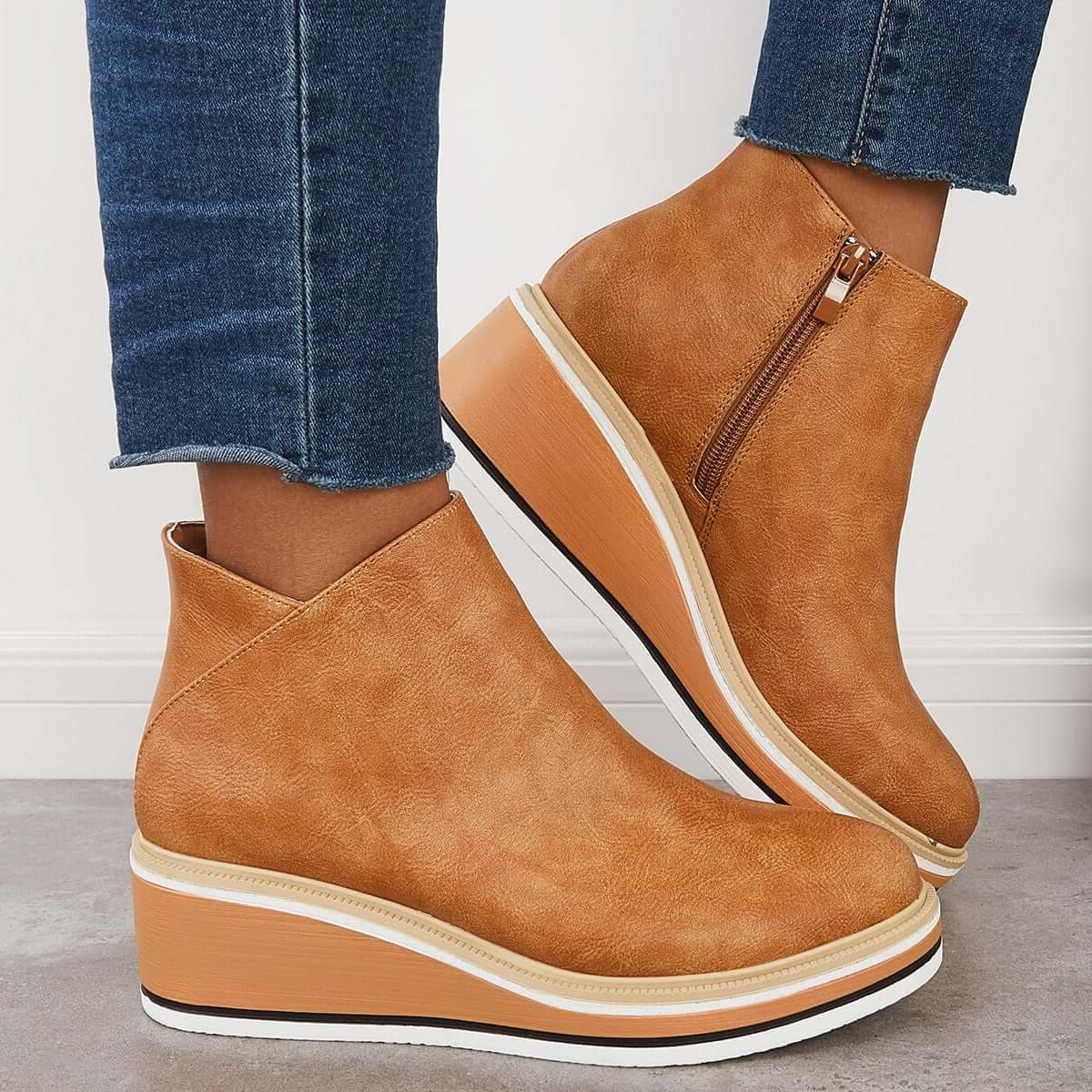 Platform Ankle Boots with Side Zip for Women - Khaki