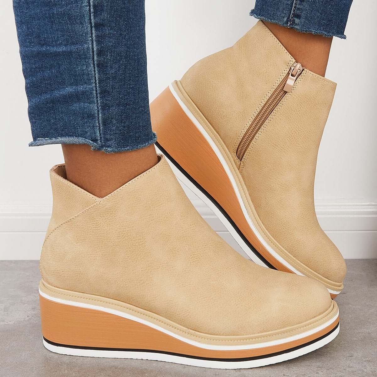 Platform Ankle Boots with Side Zip for Women - Beige