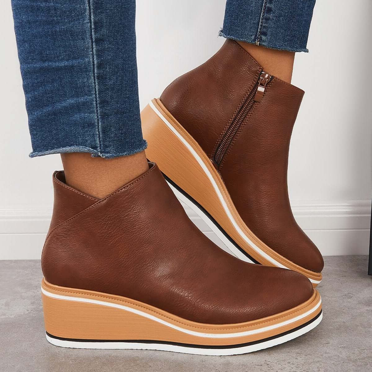Platform Ankle Boots with Side Zip for Women - Brown
