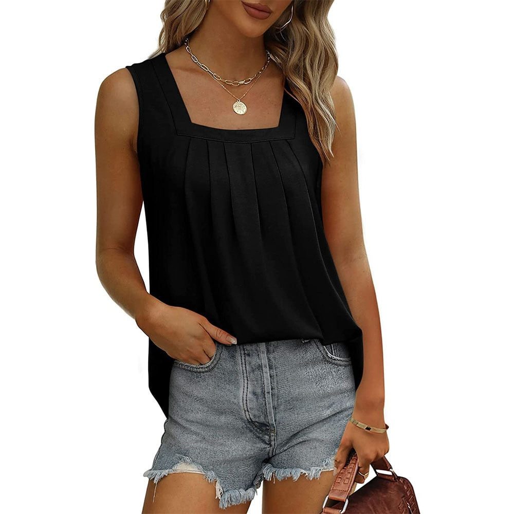 Pleated Sleeveless Top with Square Neck for Women