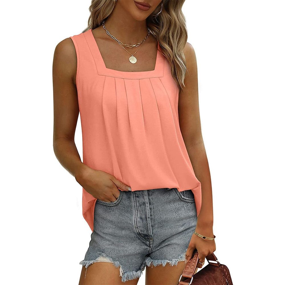 Pleated Sleeveless Top with Square Neck for Women