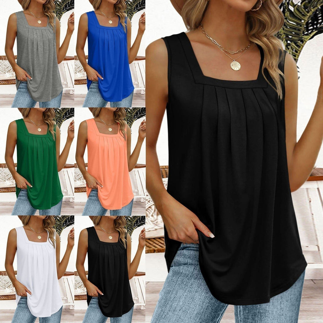 Pleated Tank Top with Square Neck for Women