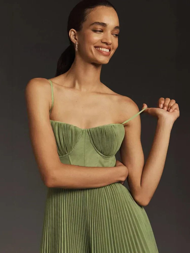 Pleated Tulle Midi Dress with Bustier for Women
