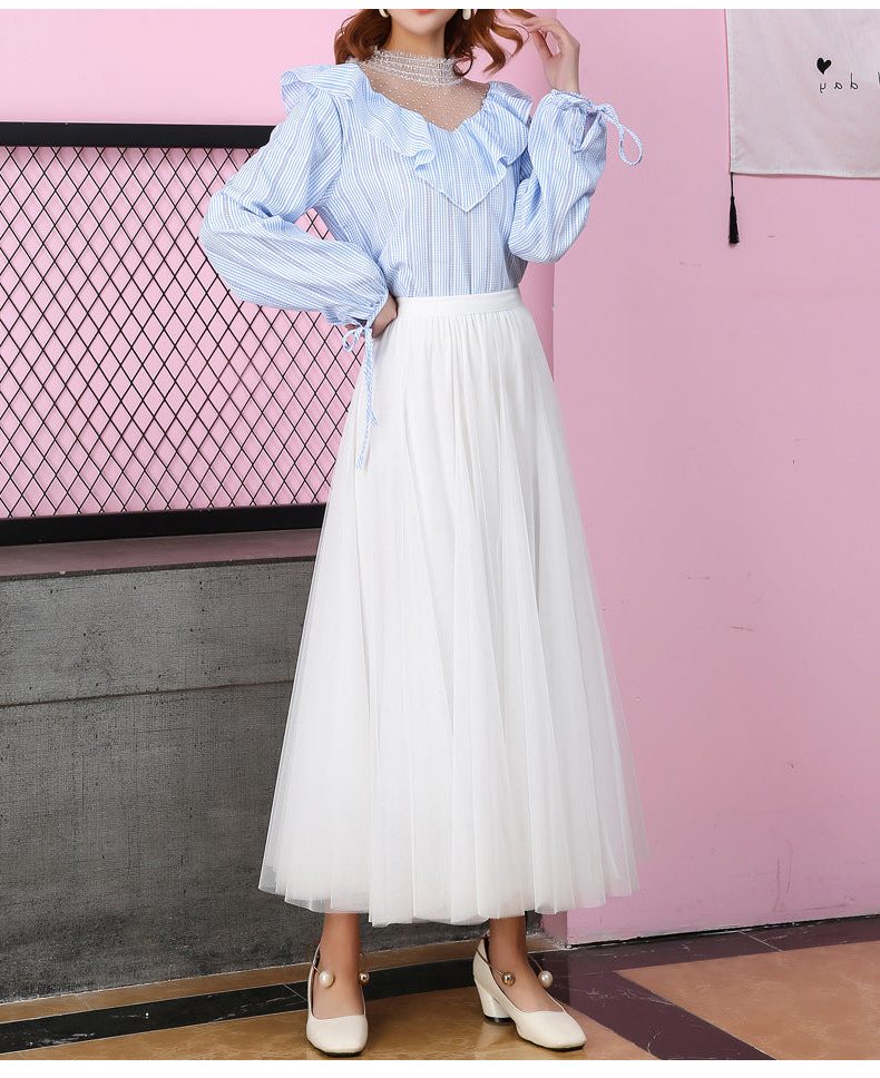 Pleated Tulle Midi Skirt with High Waist for Women