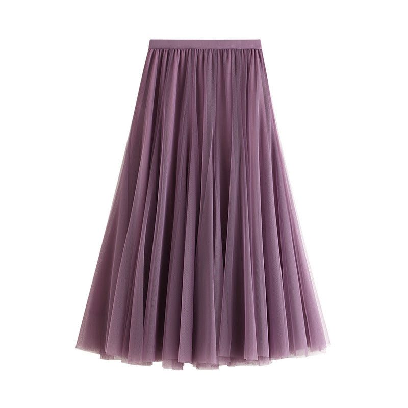 Pleated Tulle Midi Skirt with High Waist for Women