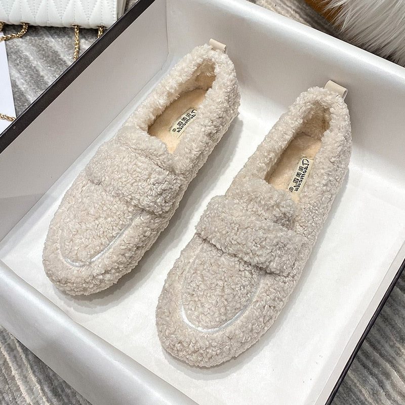 Plush Loafer Slippers for Women - Cream