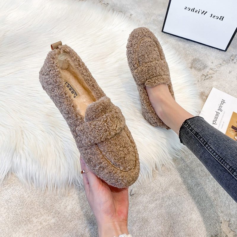 Plush Loafer Slippers for Women - Khaki