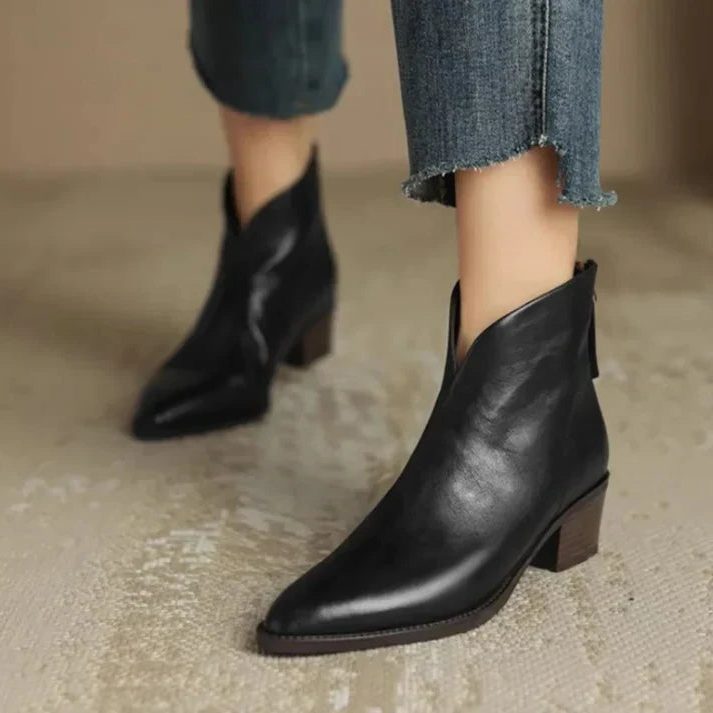 Pointed Toe Leather Ankle Boots for Women - Black