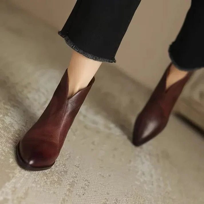 Pointed Toe Leather Ankle Boots for Women