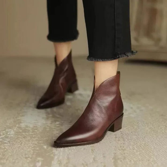 Pointed Toe Leather Ankle Boots for Women - Brown