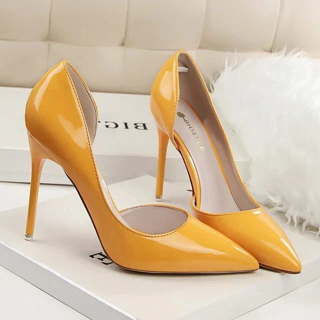 Pointed Toe Patent Leather Pumps for Women - Yellow 10.5cm