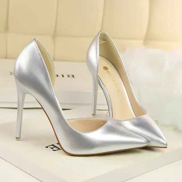 Pointed Toe Patent Pumps for Women - Silver 10.5cm