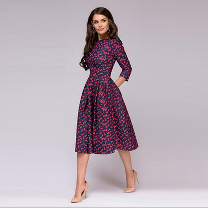 Printed A-Line Midi Dress with Three-Quarter Sleeves for Women