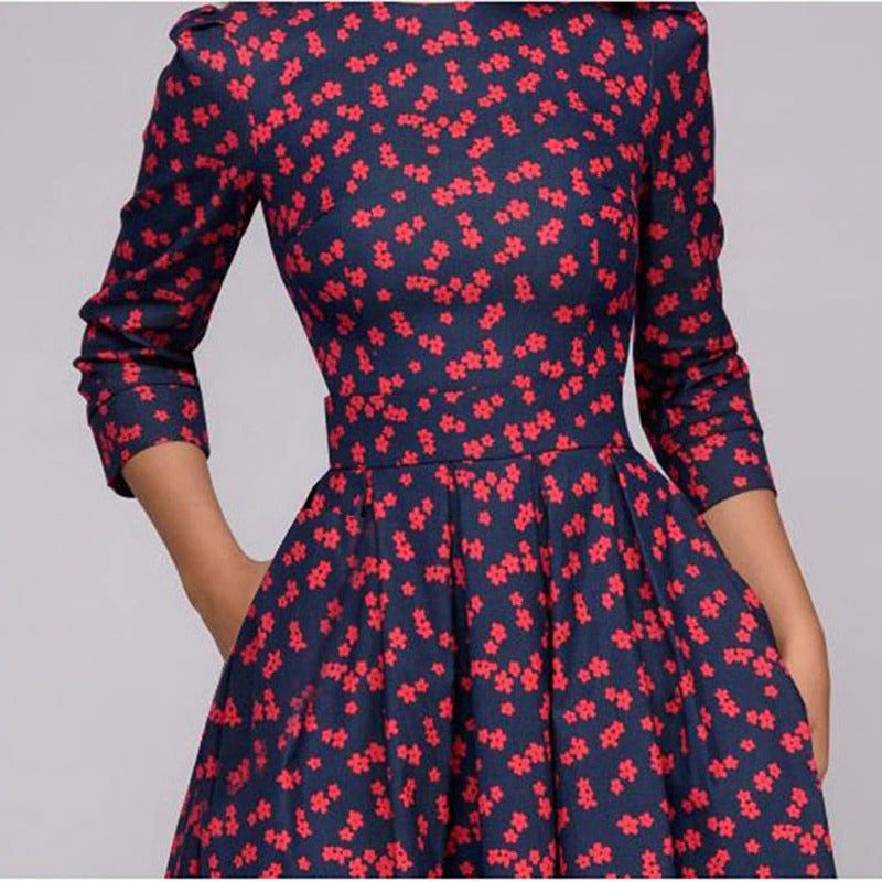 Printed A-Line Midi Dress with Three-Quarter Sleeves for Women