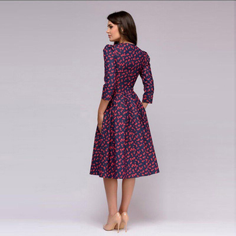 Printed A-Line Midi Dress with Three-Quarter Sleeves for Women