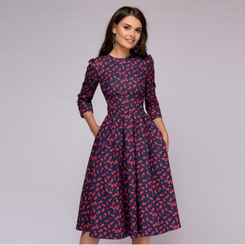 Printed A-Line Midi Dress with Three-Quarter Sleeves for Women