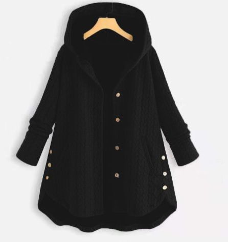 Quilted Hooded Jacket with Button Closure for Women - Black