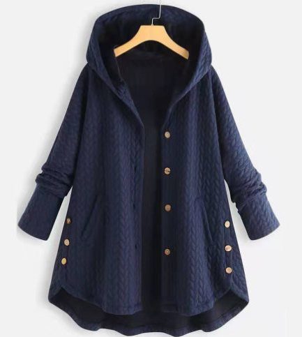 Quilted Hooded Jacket with Button Closure for Women - Blue
