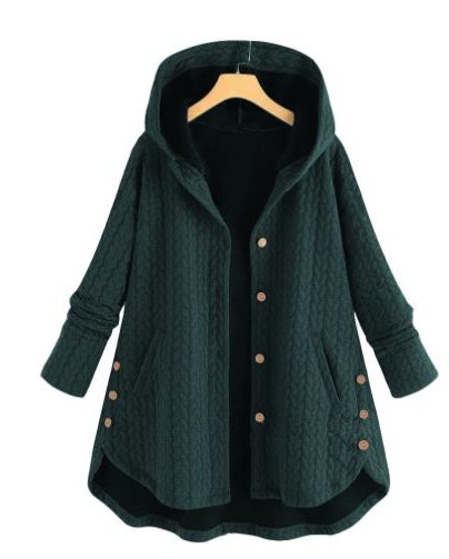 Quilted Hooded Jacket with Button Closure for Women - Dark Green