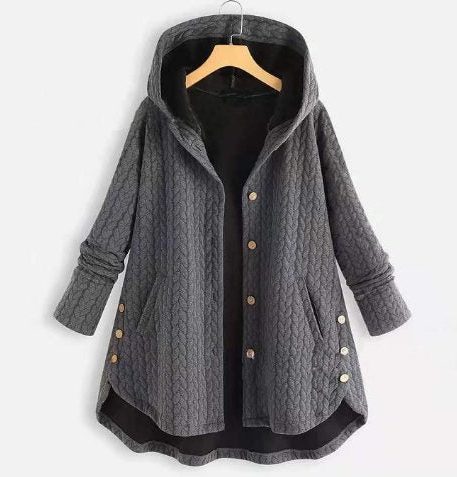 Quilted Hooded Jacket with Button Closure for Women - Grey