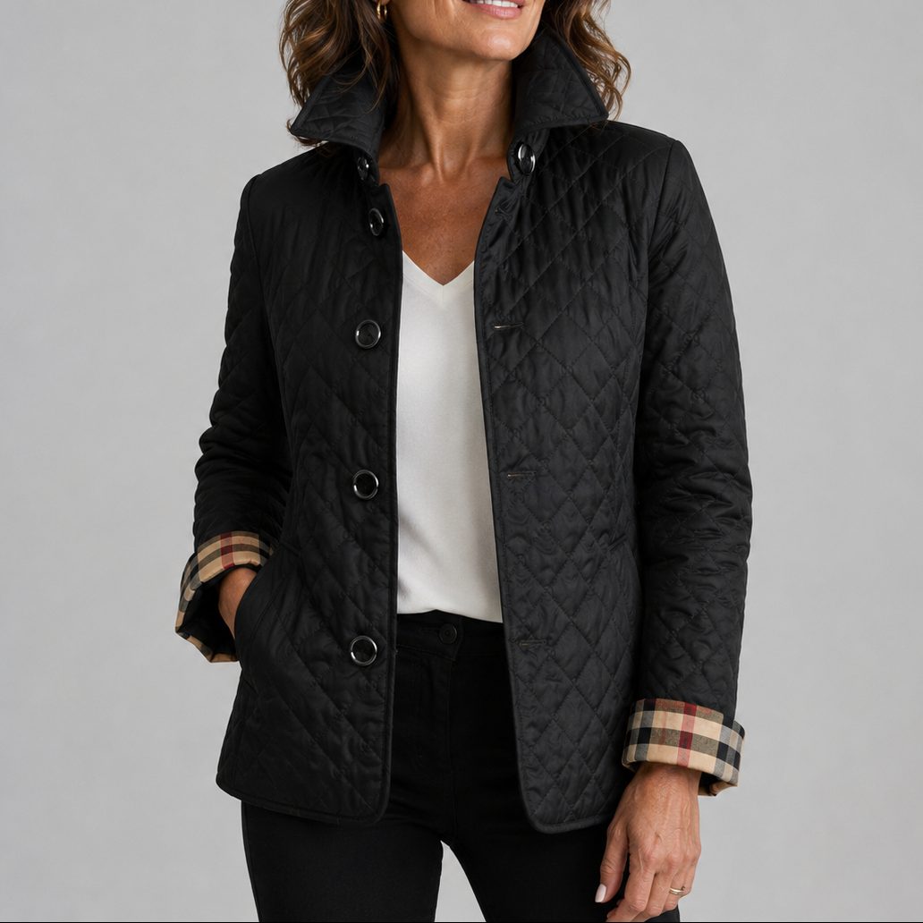 Quilted Jacket with Collar Button-Down for Women - Black