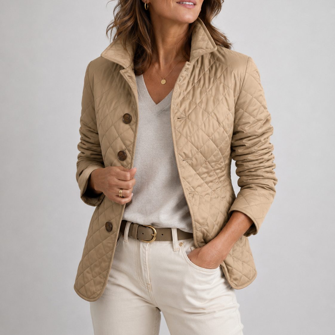 Quilted Jacket with Collar Button-Down for Women - Khaki