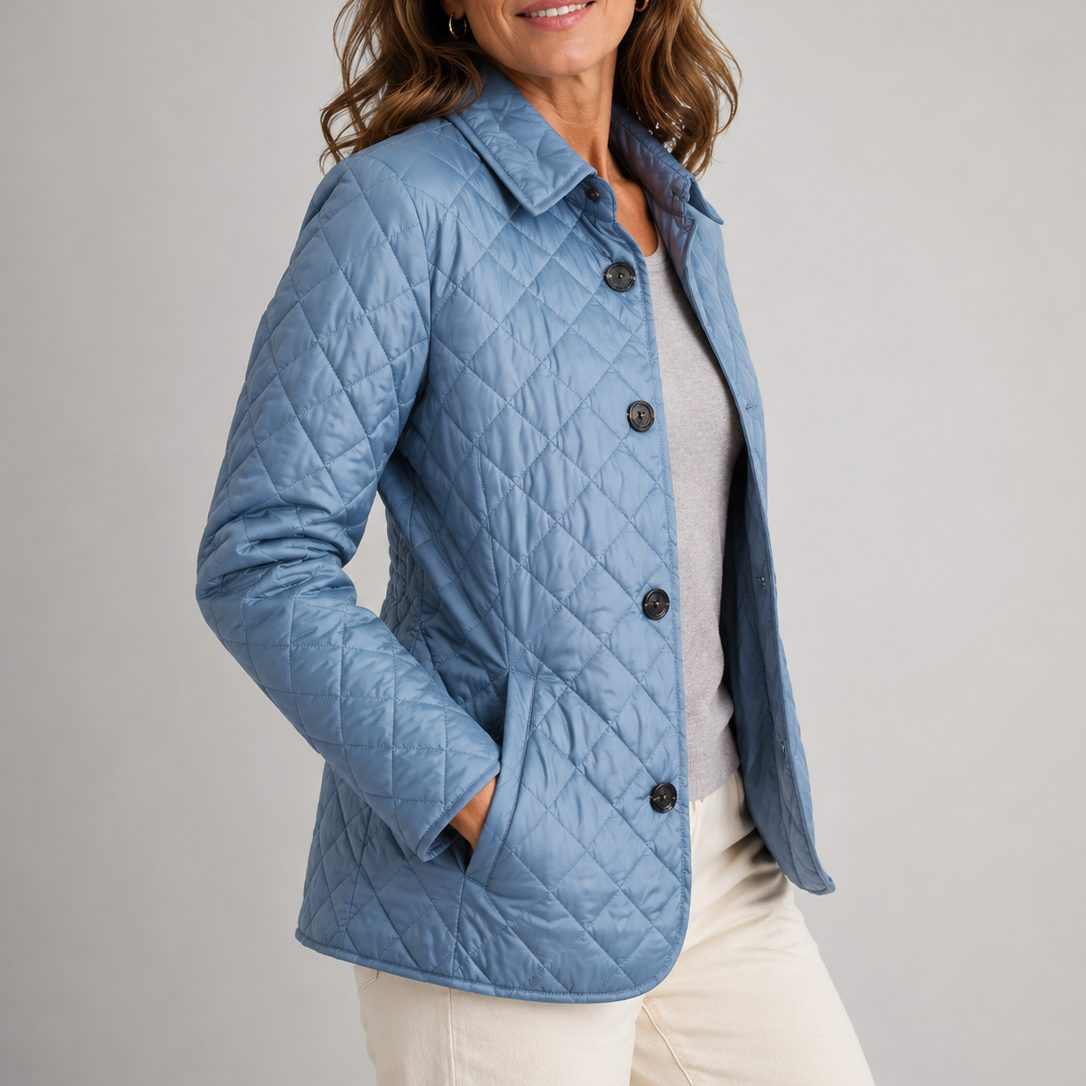 Quilted Jacket with Collar Button-Down for Women - Light Blue