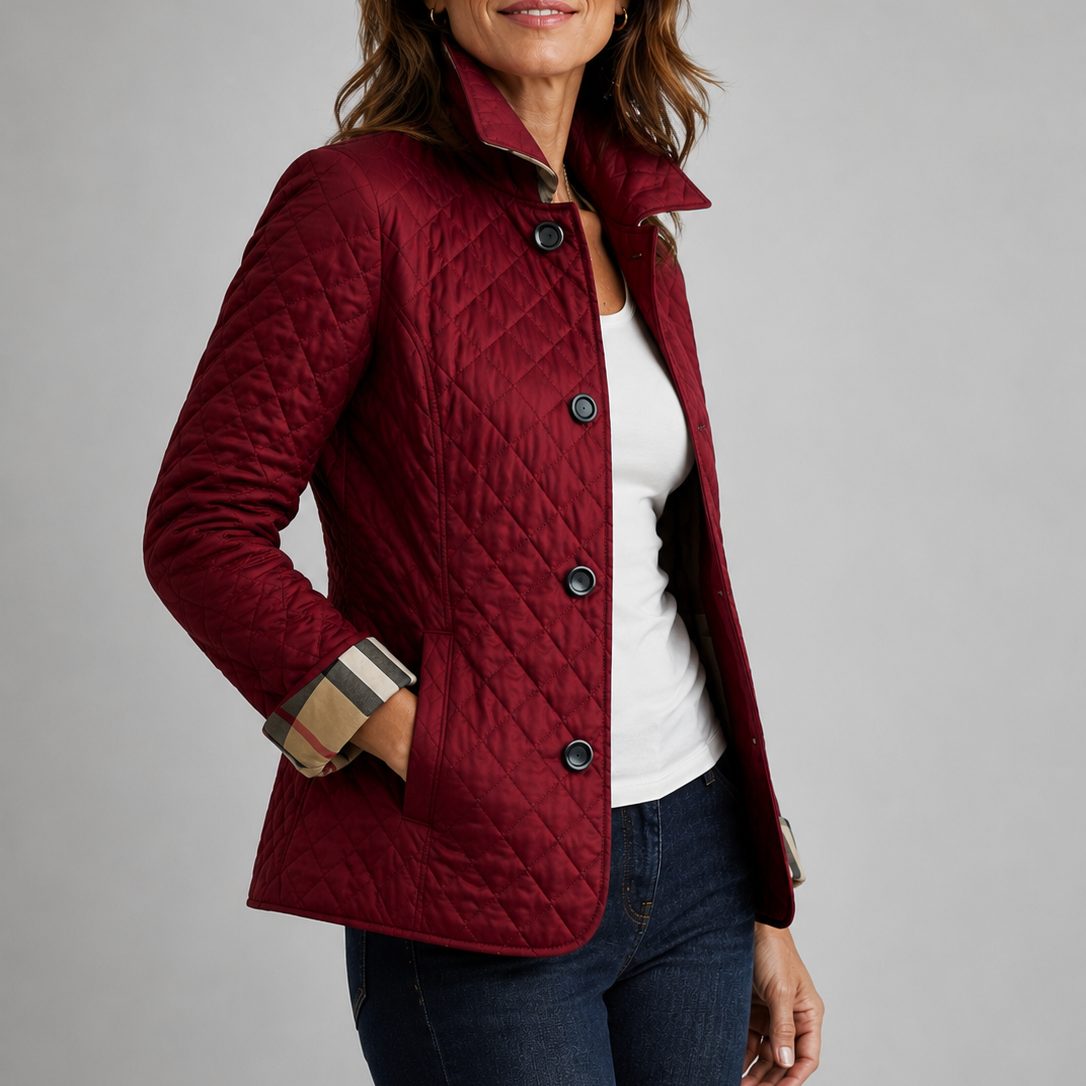 Quilted Jacket with Collar Button-Down for Women - Red