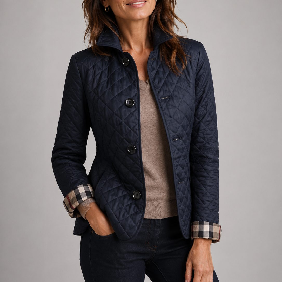 Quilted Jacket with Collar Button-Down for Women - Navy Blue