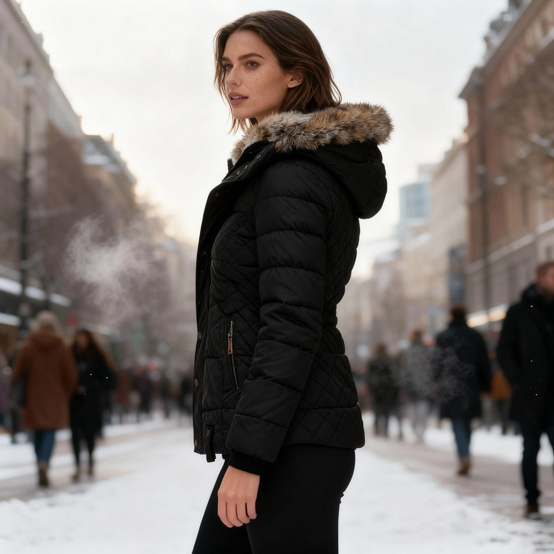 Quilted Puffer Jacket with Faux Fur Hood for Women