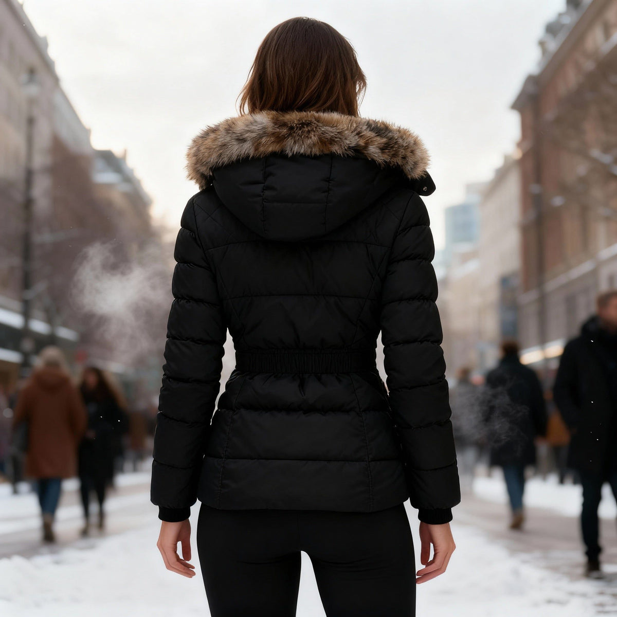 Quilted Puffer Jacket with Faux Fur Hood for Women - View 3
