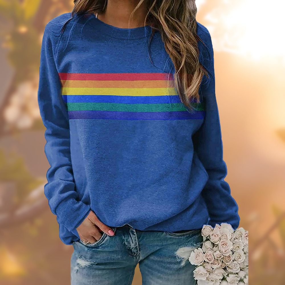 Rainbow Stripe Oversized Sweatshirt for Women - Blue
