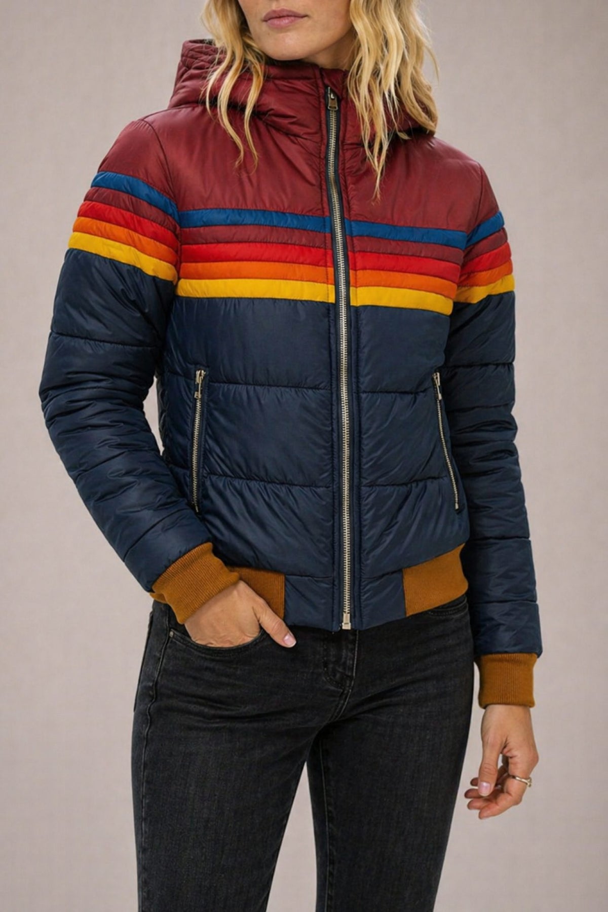 Rainbow Striped Puffer Jacket with Zip-Up for Women