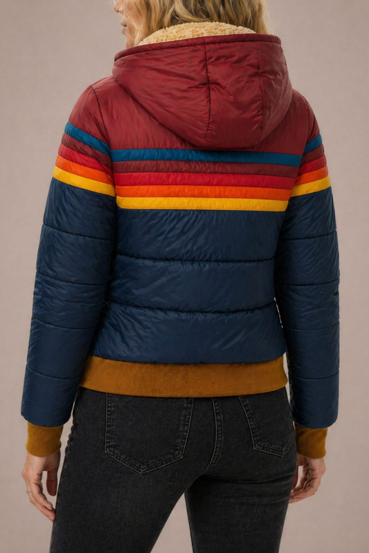 Rainbow Striped Puffer Jacket with Zip-Up for Women - View 2