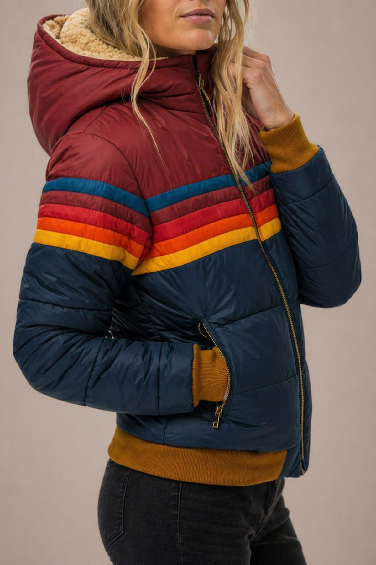 Rainbow Striped Puffer Jacket with Zip-Up for Women - View 3