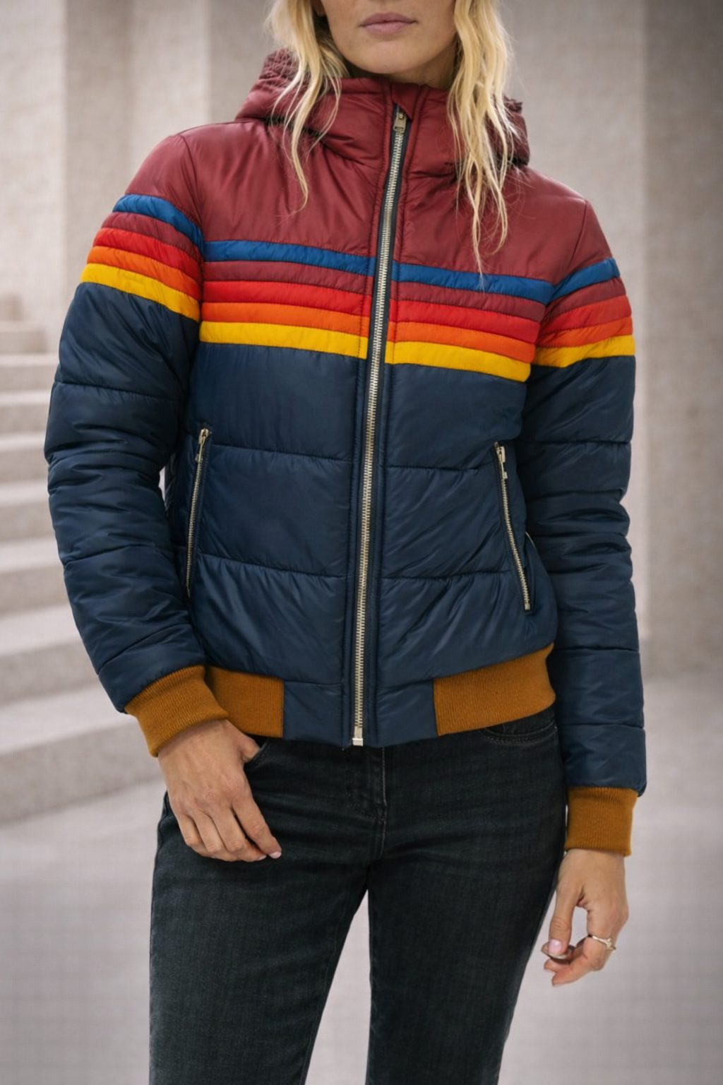 Rainbow Striped Puffer Jacket with Zip-Up for Women - View 4